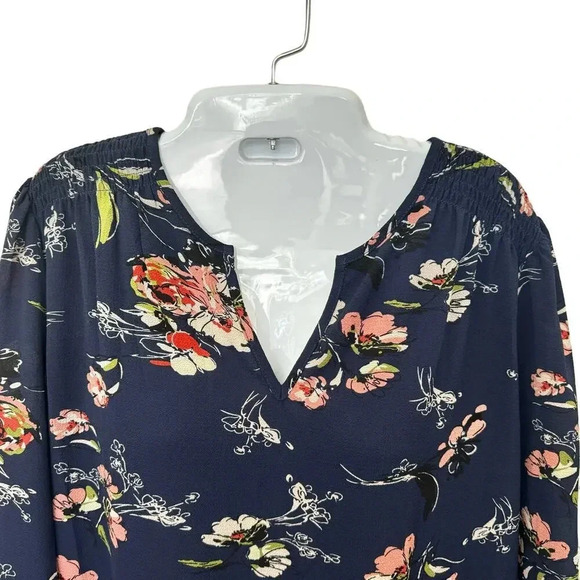 Fun2Fun Kenmore Split Neck un Navy Floral Long Sleeve Rayon Blouse Women's Sz S - Picture 2 of 8